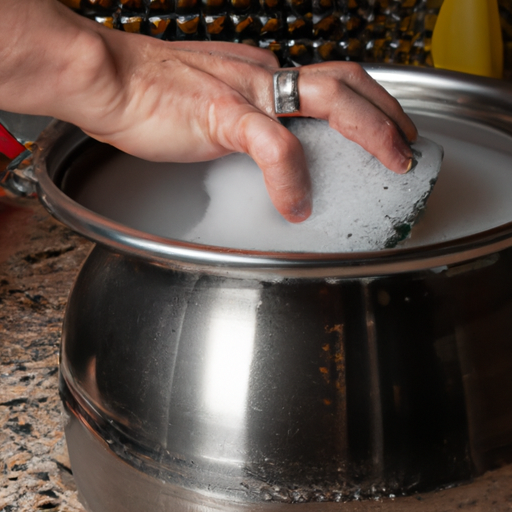 A person cleaning a stainless steel pot with a sponge.