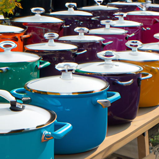 A selection of colorful Dutch ovens on display